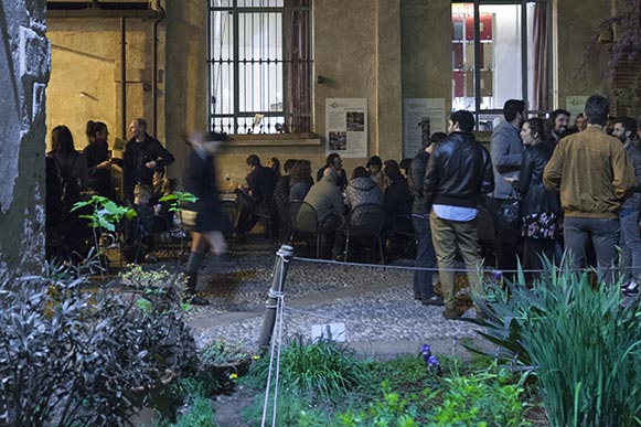 Guests outside Cascina Cuccagna chatting at private events